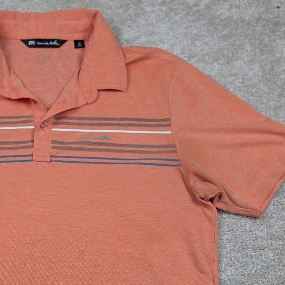 Travis Mathew Polo Shirt Mens M Orange Blue Striped Pima Cotton Short Sleeve